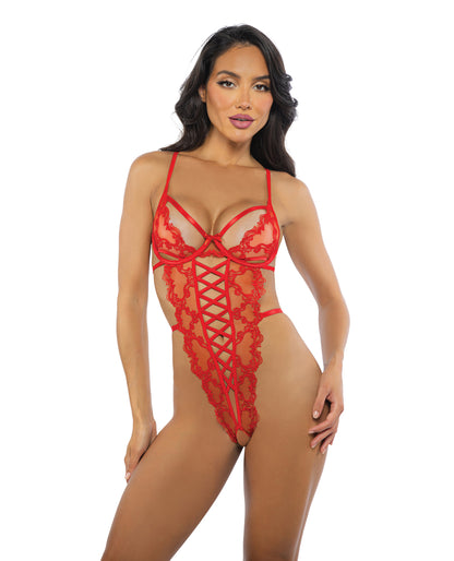 Baroque Heart Embroidered Lace Teddy - Red - SEXYEONE