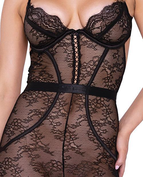 Chantilly Stretch Lace Sleeveless Catsuit W/satin Trim Black - SEXYEONE