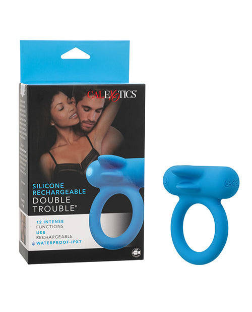 product image, Couple's Enhancer Silicone Rechargeable Double Trouble Enhancer w/Flickering Dual Teasers - Blue - SEXYEONE