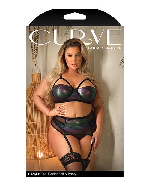 image of product,Curve Cassidy Metallic Foil Bra, Garter Belt & Panty Black - SEXYEONE