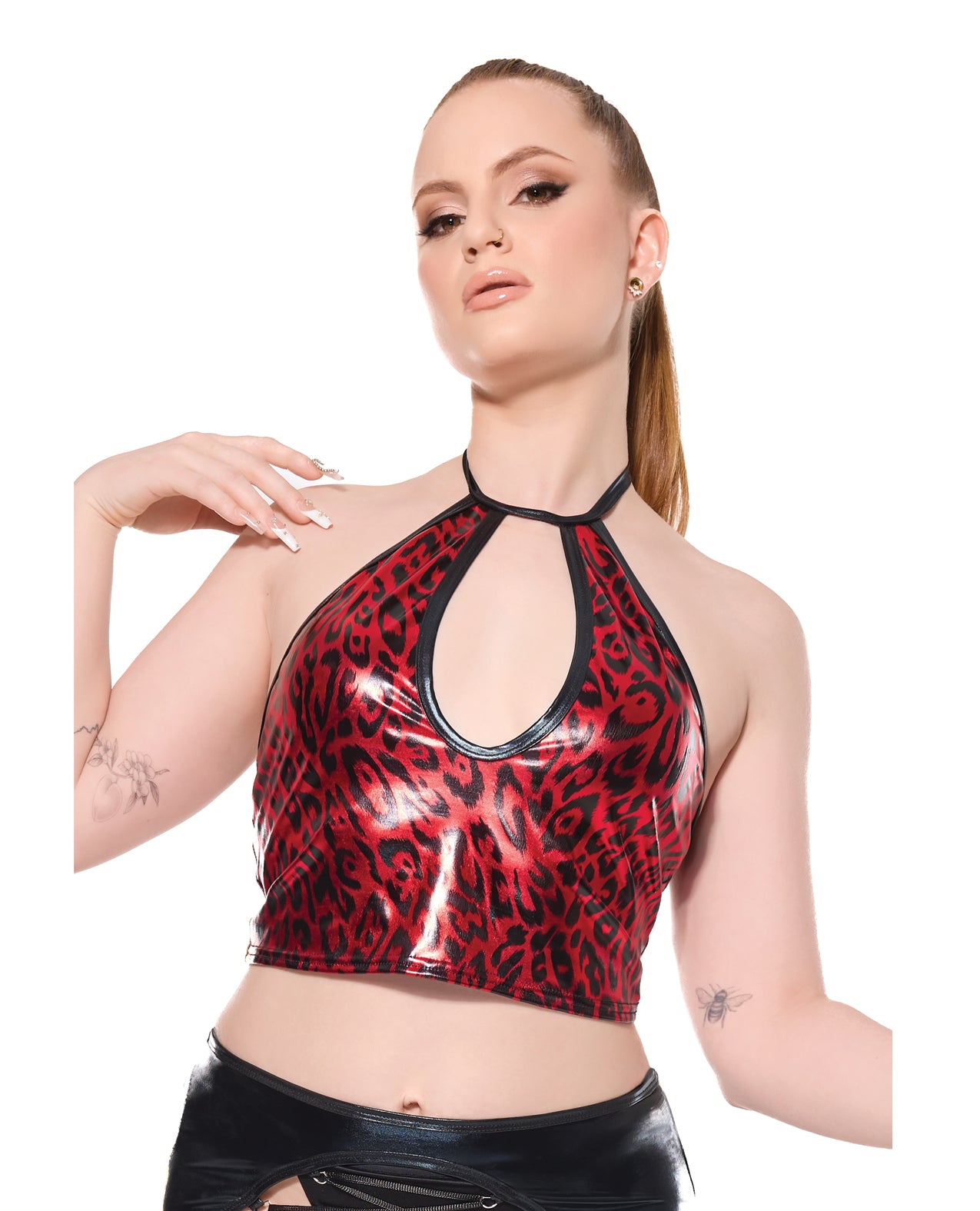 product image, Darque Metallic Wet Look Keyhole Halter Top - Red/Black - SEXYEONE