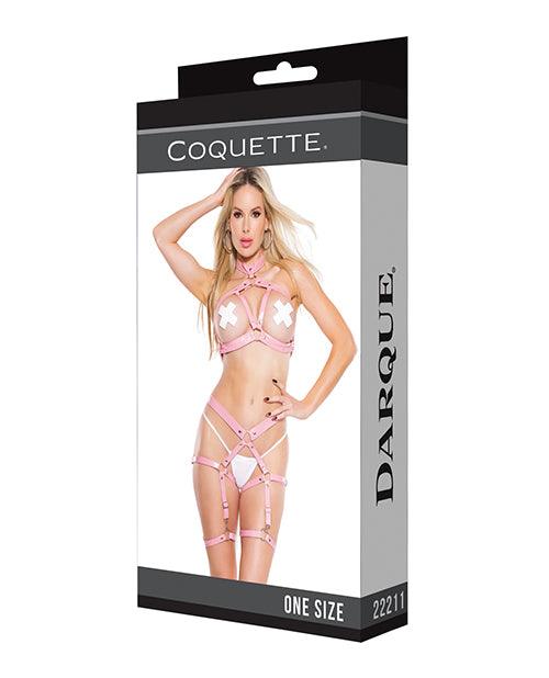 image of product,Darque Pvc Harness Open Cup Halter Top & Garter Leg Bands Pink Os - SEXYEONE