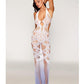 Deep Plunge Halter Seamless Bodystocking Gown w/Lace and Fishnet - White/Lavender O/S - SEXYEONE