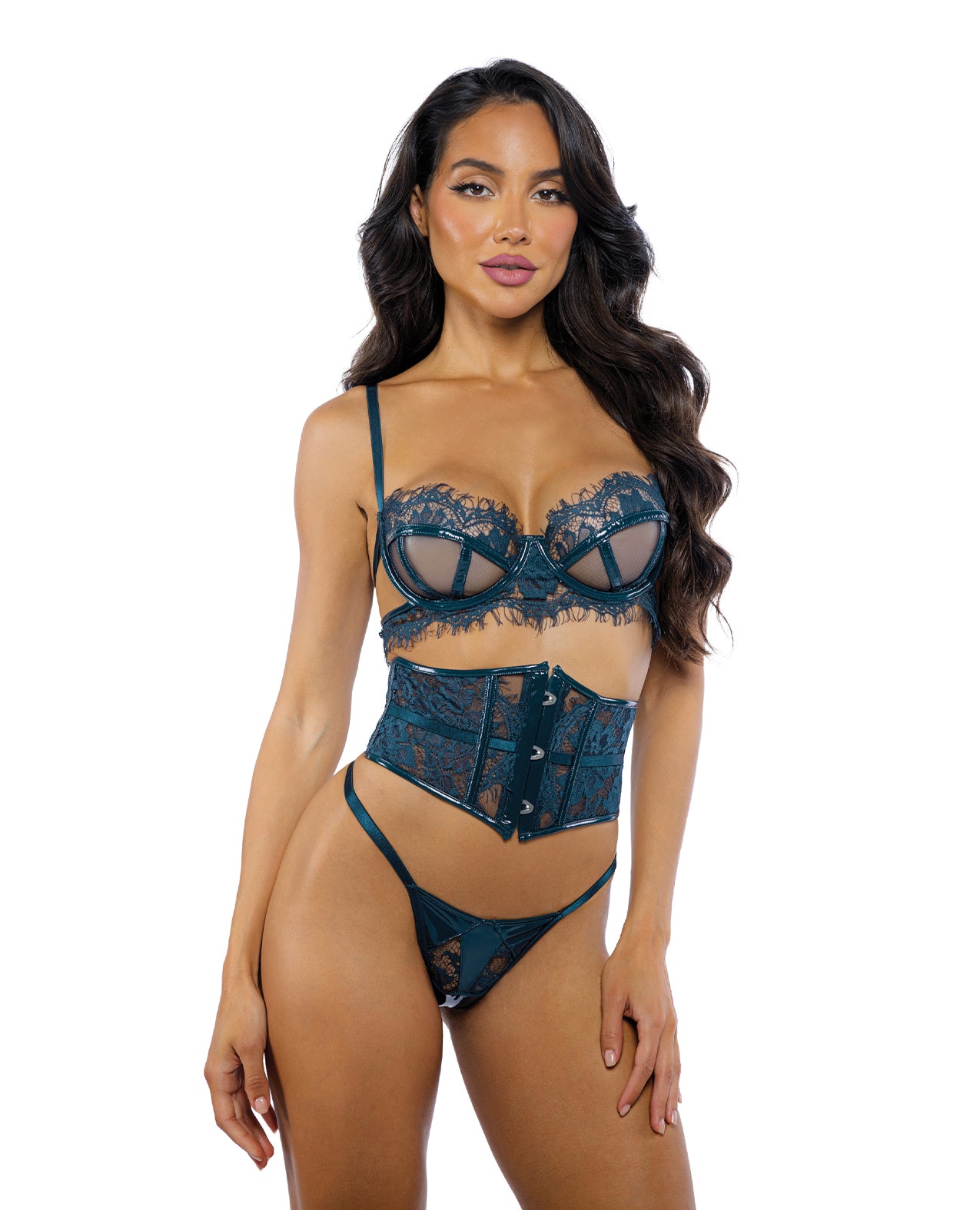 product image, Eden Scalloped Eyelash Lace & Wet Look Waspie 3 pc Set - Teal - SEXYEONE