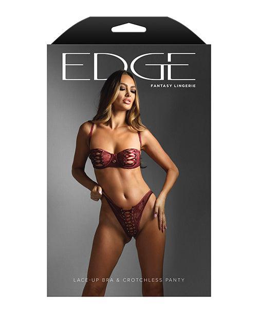 image of product,Edge Lace and Mesh Underwire Bra & Crotchless Panty w/Lace-up Detail - Wine - SEXYEONE