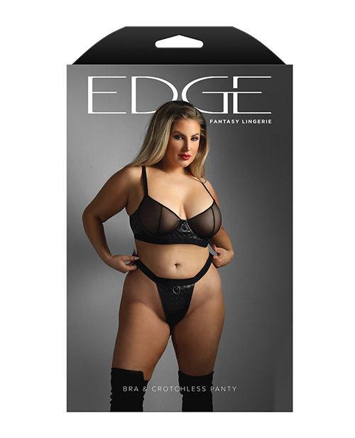 image of product,Edge Quilted Wetlook and Mesh Underwire Bra w/ Crotchless Panty - Black QN - SEXYEONE