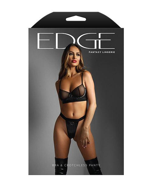 Edge Quilted Wetlook and Mesh Underwire Bra w/ Crotchless Panty - Black - SEXYEONE