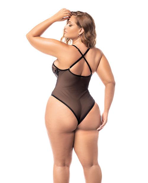 product image,Embroidered Lace & Mesh Deep V Bodysuit Black - SEXYEONE