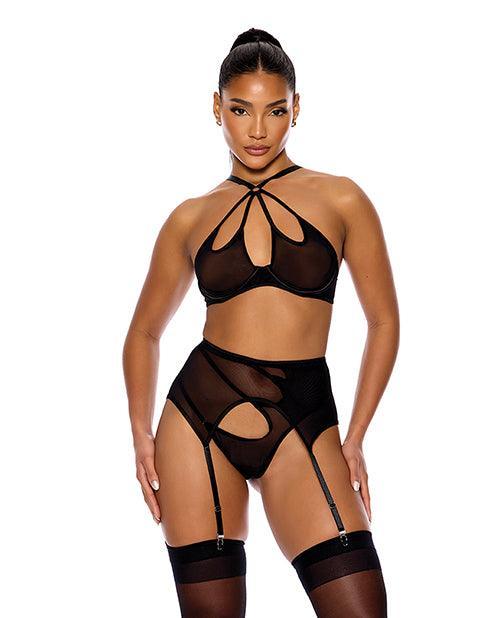 product image, Feeling Butterflies Mesh Halterneck Bra w/Garter & Panty - Black - SEXYEONE