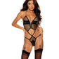 Fishnet and Faux Leather Teddy w/Chain Garters - Black - SEXYEONE