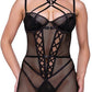 Flirty Fetish Fishnet & Faux Leather Catsuit W/satin Trim Black - SEXYEONE