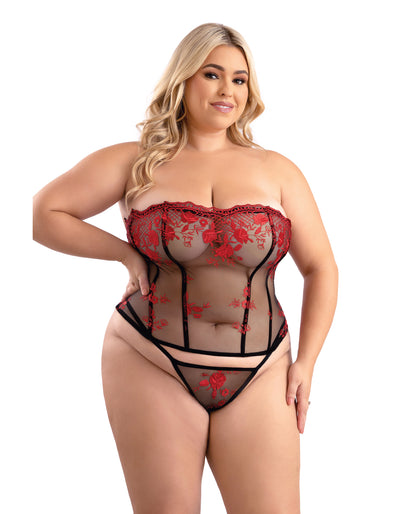 Floral Embroidered Mesh Corset w/G-String - Red/Black - SEXYEONE