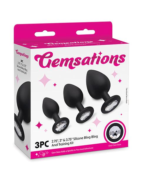 product image, Gemsations 3 pc 2.75" & 3.15" & 3.7" Silicone Bling Bling Butt Plug Training Set - Black - SEXYEONE