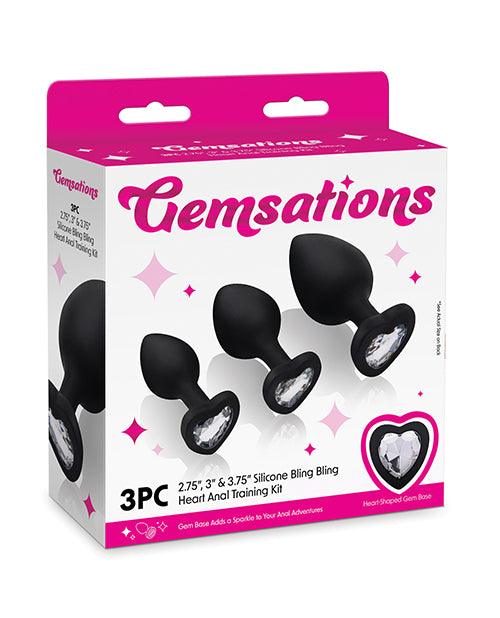 product image, Gemsations 3 pc 2.75" & 3.15" & 3.7" Silicone Bling Bling Heart Butt Plug Training Set - Black - SEXYEONE