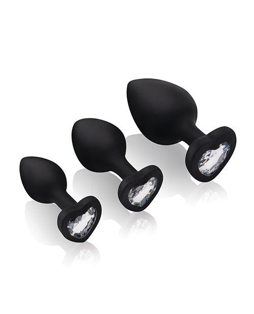 image of product,Gemsations 3 pc 2.75" & 3.15" & 3.7" Silicone Bling Bling Heart Butt Plug Training Set - Black - SEXYEONE