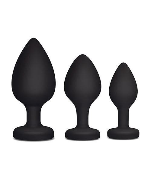 image of product,Gemsations 3 pc 2.75" & 3.15" & 3.7" Silicone Bling Bling Heart Butt Plug Training Set - Black - SEXYEONE