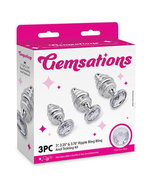 product image, Gemsations 3 pc 2.95" & 3.25" & 3.7" Ripple Bling Bling Metal Butt Plug Training Set - Silver - SEXYEONE