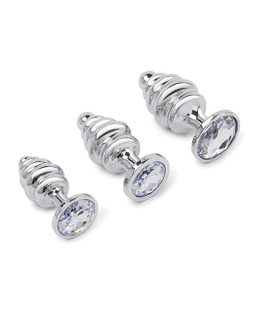 image of product,Gemsations 3 pc 2.95" & 3.25" & 3.7" Ripple Bling Bling Metal Butt Plug Training Set - Silver - SEXYEONE