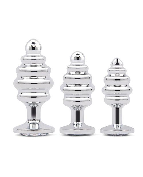 image of product,Gemsations 3 pc 2.95" & 3.25" & 3.7" Ripple Bling Bling Metal Butt Plug Training Set - Silver - SEXYEONE