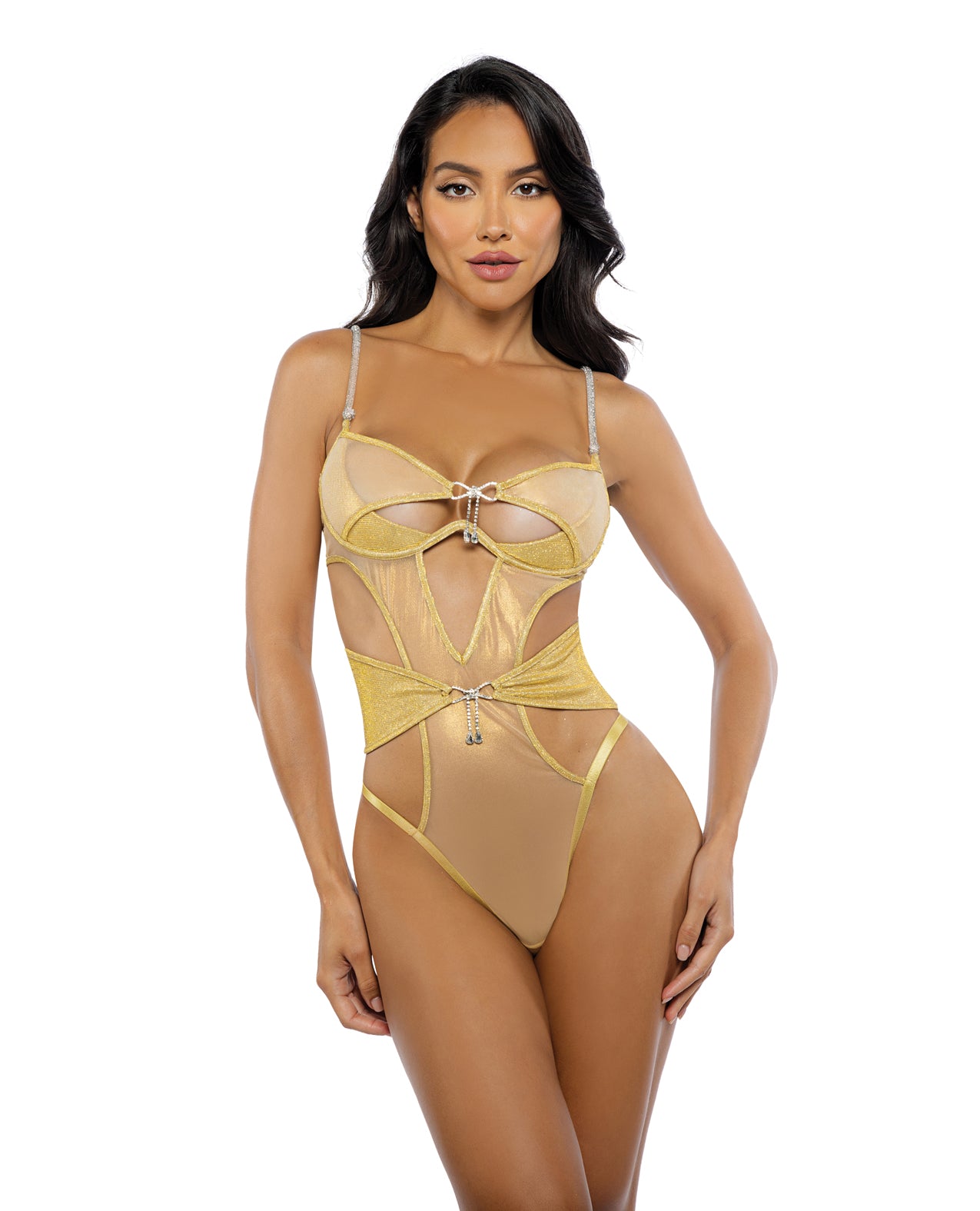 product image, Gilded Beauty Metallic Shimmer Mesh Teddy w/Rhinestone Accents - Gold - SEXYEONE