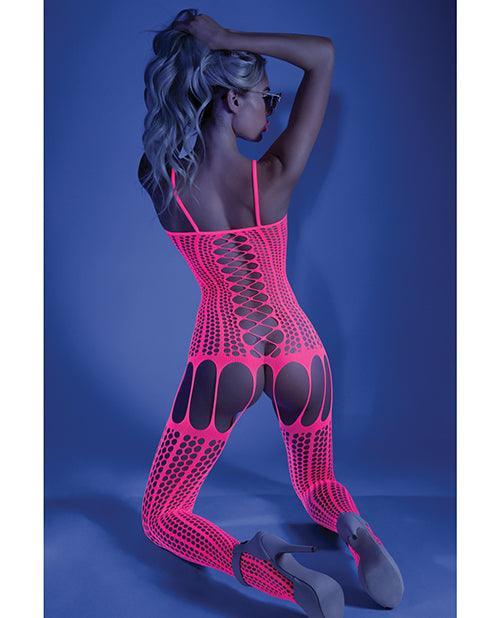 image of product,Glow Black Light Criss Cross Paneled Bodystocking Neon Pink O/s - SEXYEONE