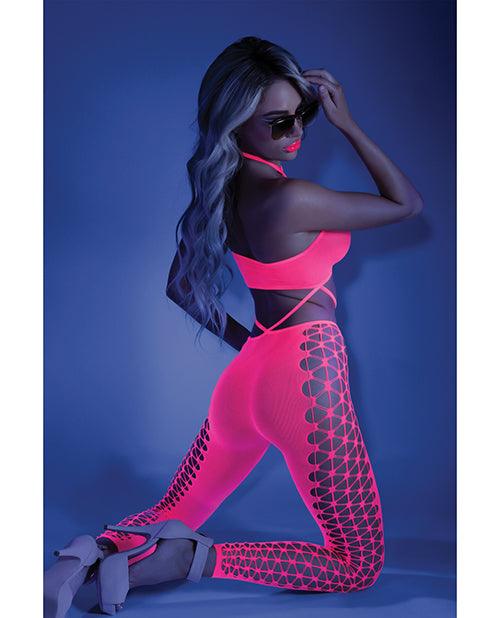 product image,Glow Black Light Cropped Cutout Halter Bodystocking Neon Pink O/s - SEXYEONE