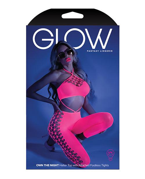 image of product,Glow Black Light Cropped Cutout Halter Bodystocking Neon Pink O/s - SEXYEONE
