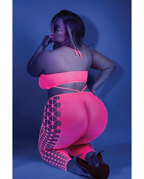 image of product,Glow Black Light Cropped Cutout Halter Bodystocking Neon Pink QN - SEXYEONE