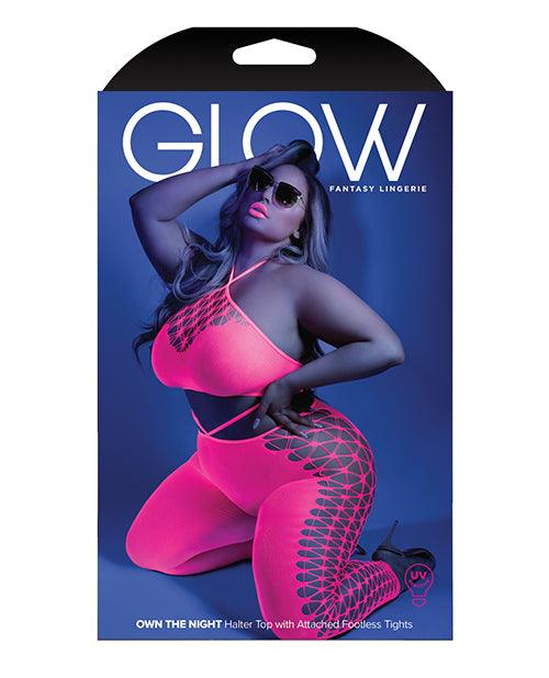 image of product,Glow Black Light Cropped Cutout Halter Bodystocking Neon Pink QN - SEXYEONE