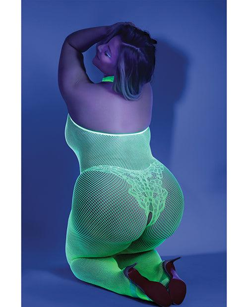 image of product,Glow Black Light Crotchless Bodystocking Neon Green Qn - SEXYEONE