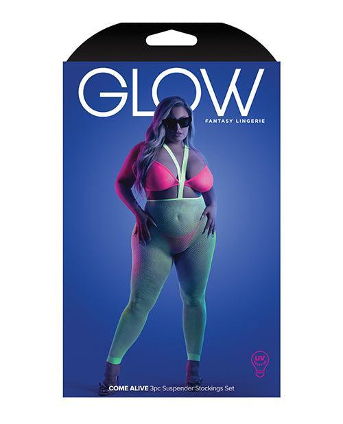 image of product,Glow Come Alive Suspender Stockings, Bralette & G-string Multi Color - SEXYEONE