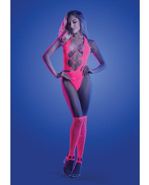 image of product,Glow Flashback Black Light Reactive Rhinestone Teddy w/Gloves (or Leg Warmers) - Neon Pink O/S - SEXYEONE