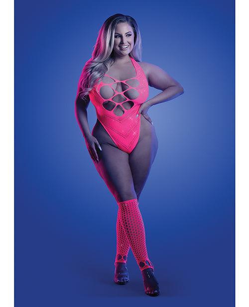 image of product,Glow Flashback Black Light Reactive Rhinestone Teddy w/Gloves (or Leg Warmers) - Neon Pink QN - SEXYEONE