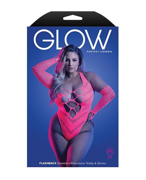 image of product,Glow Flashback Black Light Reactive Rhinestone Teddy w/Gloves (or Leg Warmers) - Neon Pink QN - SEXYEONE