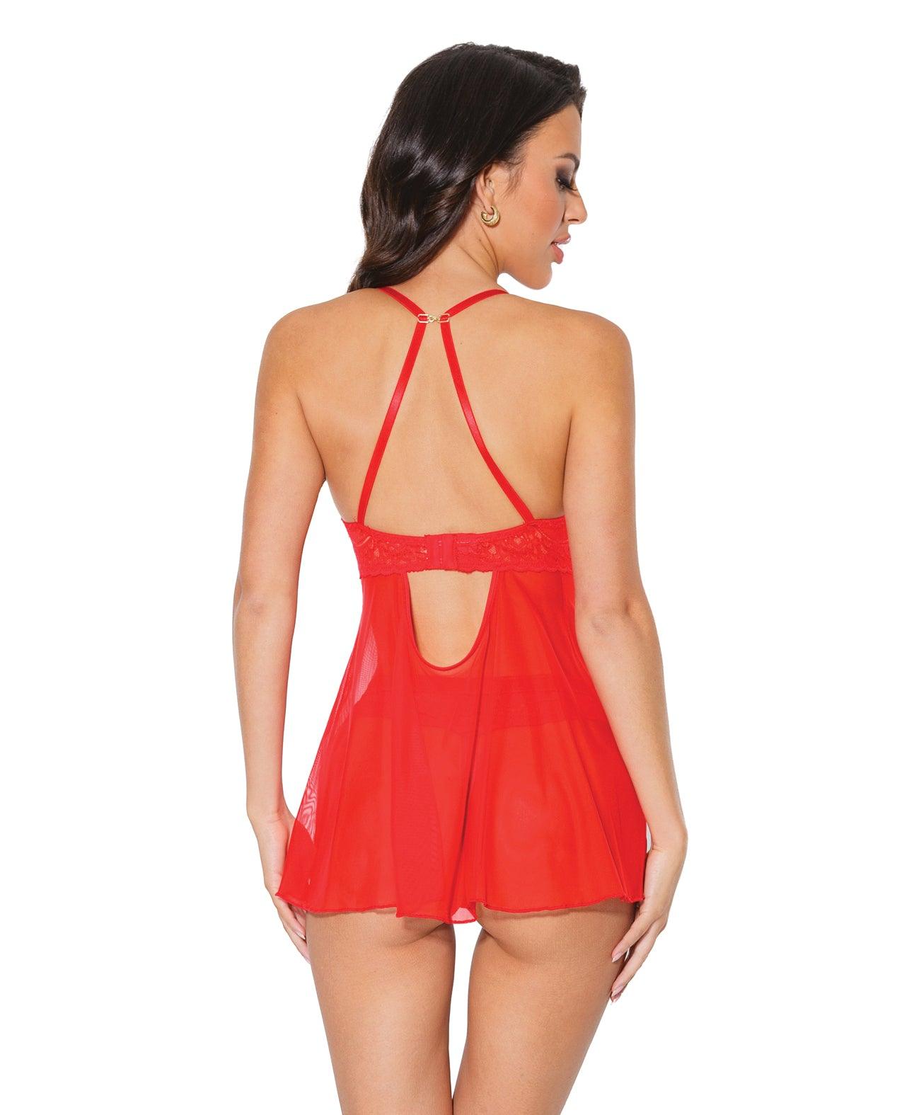 image of product,Holiday Scallop Stretch Lace & Mesh Babydoll & Thong Red/gold - SEXYEONE