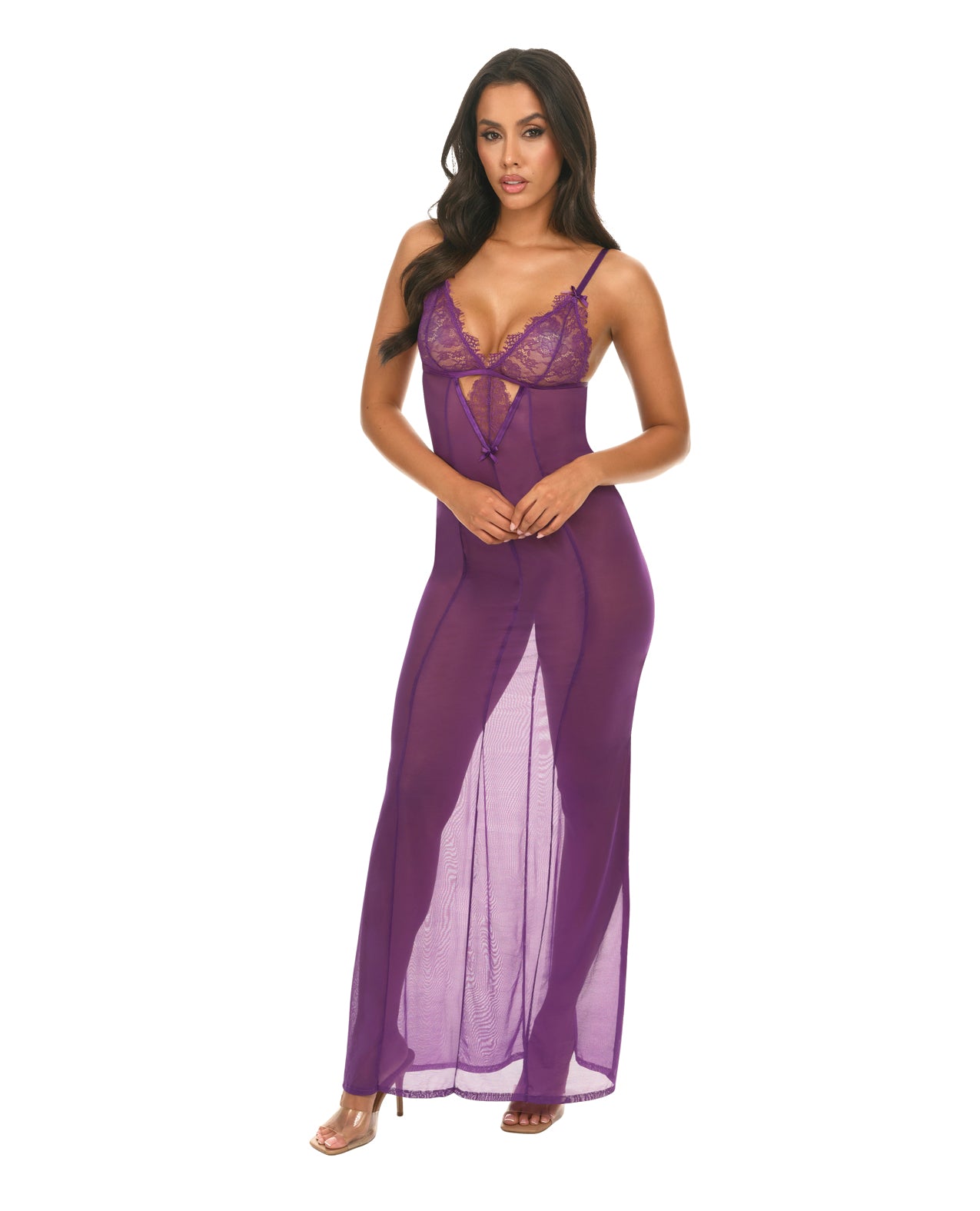 image of product,Katana Mesh & Eyelash Lace Gown - Purple - SEXYEONE