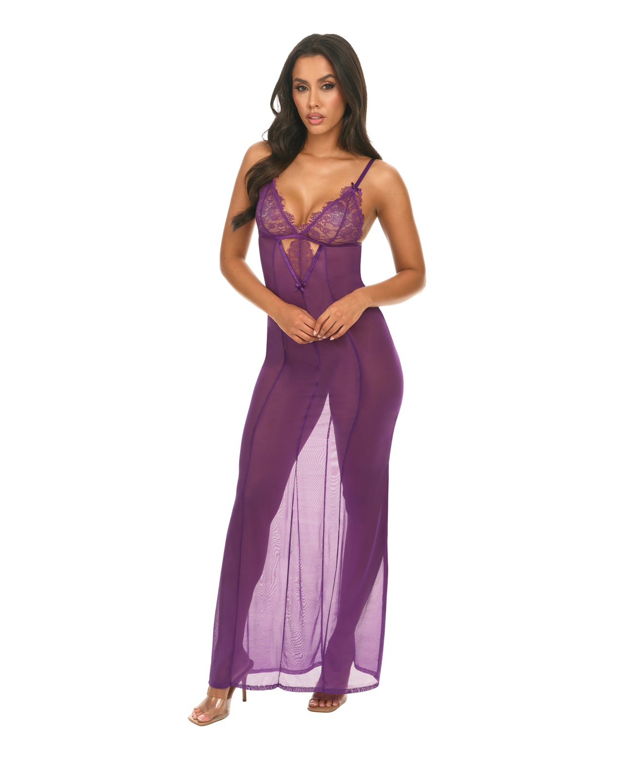 image of product,Katana Mesh & Eyelash Lace Gown - Purple - SEXYEONE