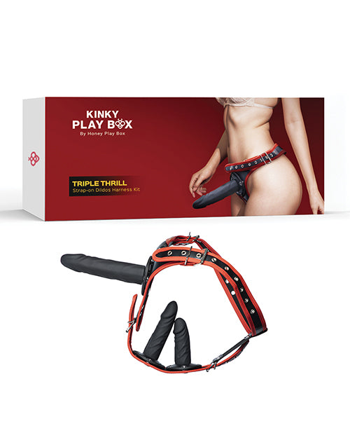 image of product,Kinky Play Box Triple Thrill Strap-On Harness Kit - Black/Red - SEXYEONE