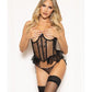 Lace and Dot Mesh Open Cup Bustier w/Hook and Eye Closure & Panty - Black - SEXYEONE