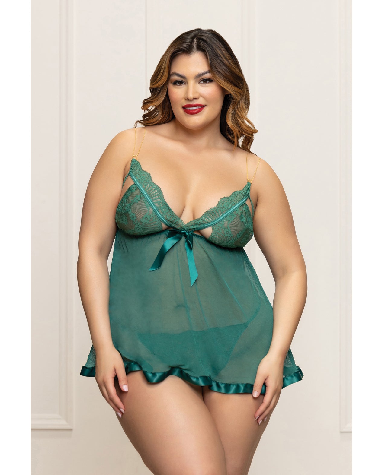 product image, Lace and Mesh Babydoll w/Gold Straps & Thong - Green 1X/2X - SEXYEONE