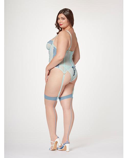 image of product,Lace & Mesh Bustier W/lace Up Center, Garter Belt & Thong Blue - SEXYEONE