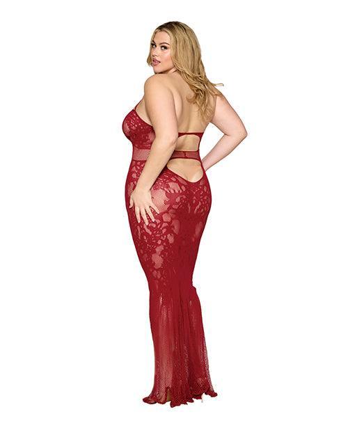 product image,Lace and Mesh Seamless Halter Bodystocking Gown w/Rhinestone Details - Ox Blood QN - SEXYEONE