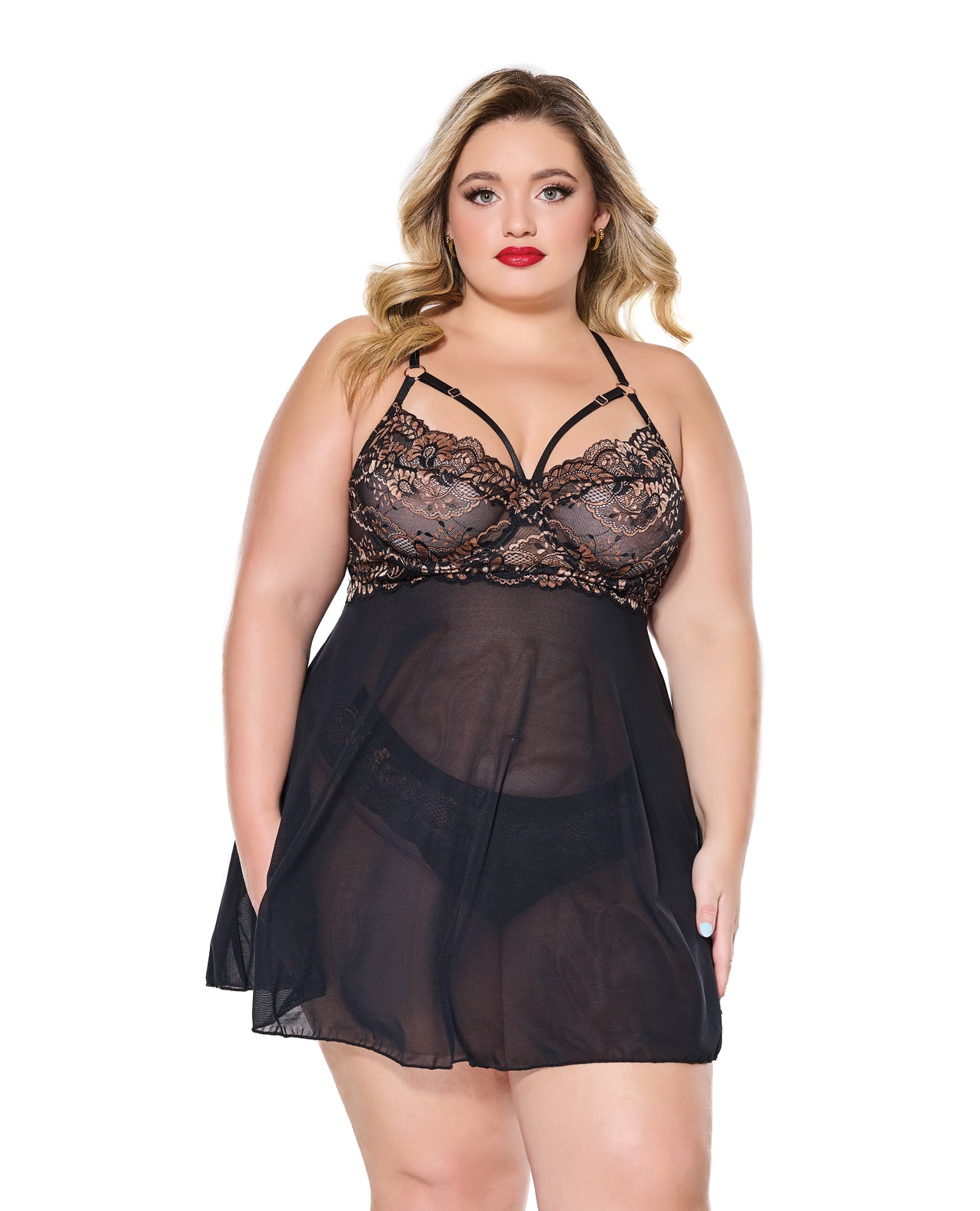 product image, Lace and Mesh Underwire Babydoll w/Thong - Black/Rose Gold 1X/2X - SEXYEONE