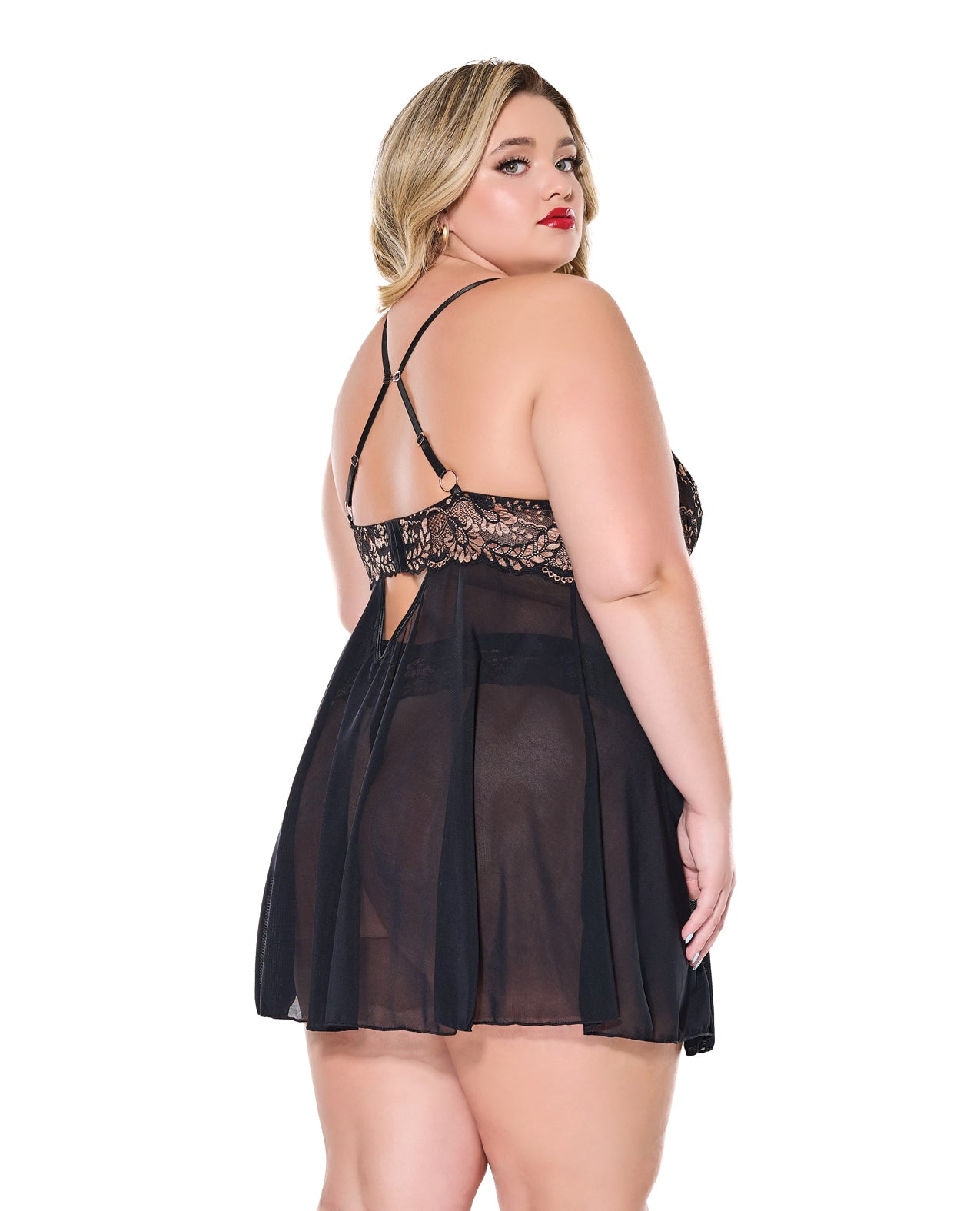 image of product,Lace and Mesh Underwire Babydoll w/Thong - Black/Rose Gold 1X/2X - SEXYEONE