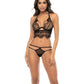 Lace Long Line Underwire Bra w/Removable Skirt & Thong Panty Black - SEXYEONE