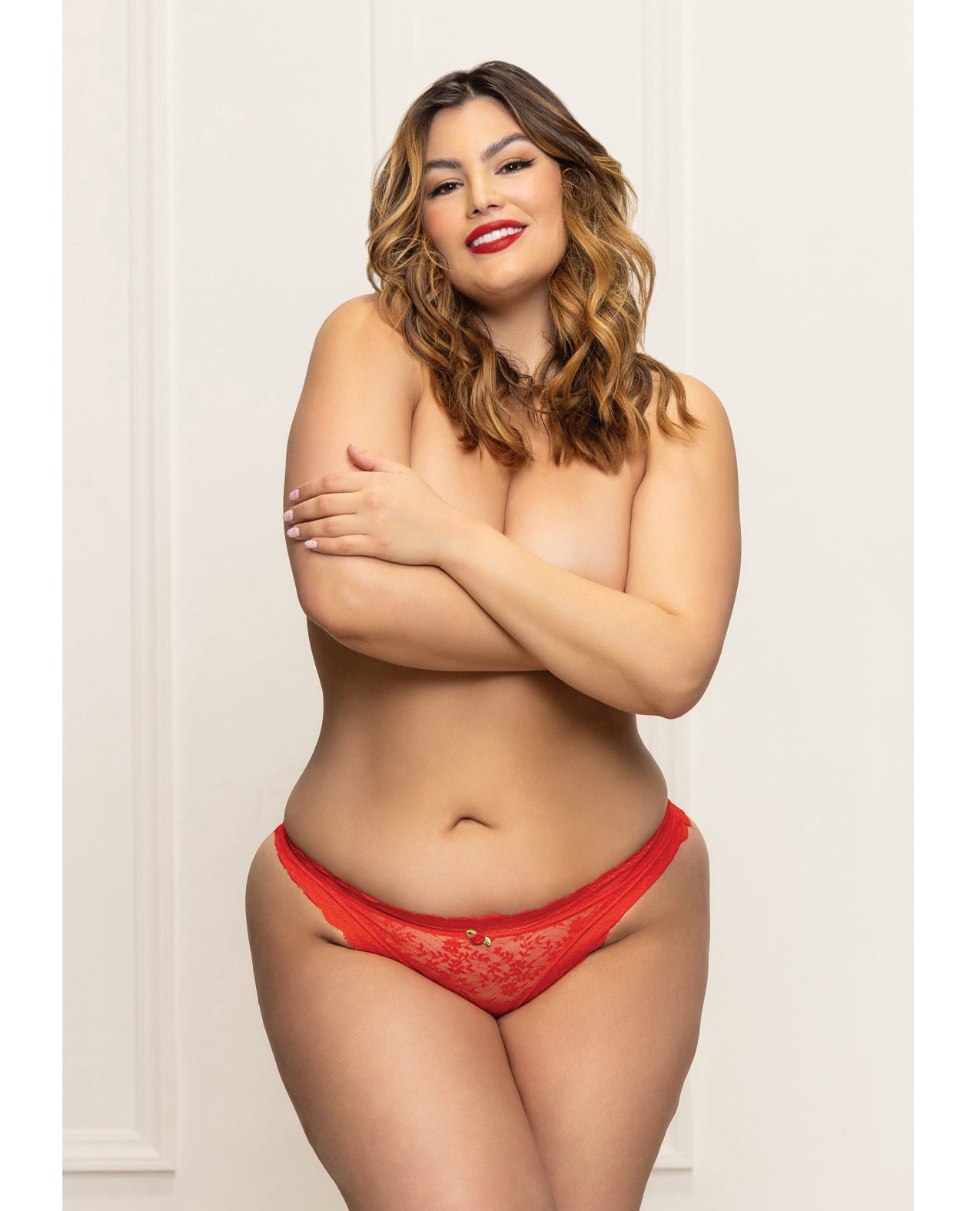 product image, Lace Panty w/Heart Cut Out Back & Pearl Chain Detail - Red 1X/2X - SEXYEONE