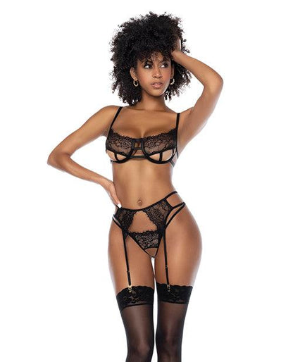 Lace Underwire Bra w/Crotchless Thong and Garter 3 pc Set - Black - SEXYEONE