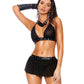 Leather & Mesh Halter Bra Top w/Mini Skirt & G-String - Black - SEXYEONE