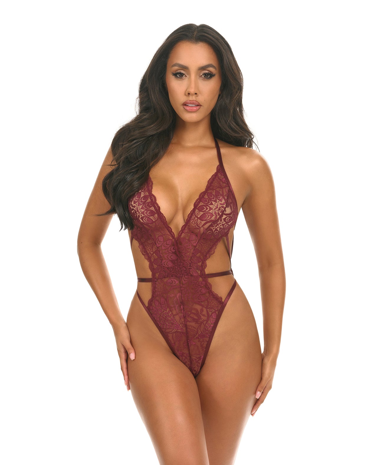 product image, Lina Lace Halter Teddy - Zinfandel - SEXYEONE