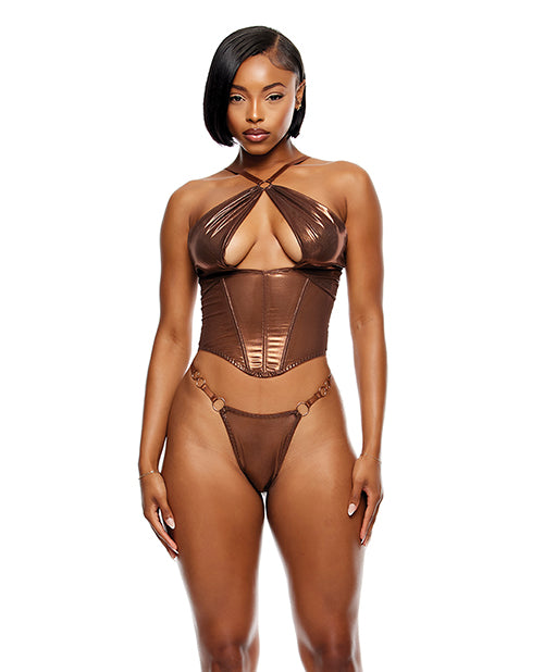 product image, Liquid Metal Metallic Mesh Bustier w/G-String 2 pc Set - Metallic Copper - SEXYEONE